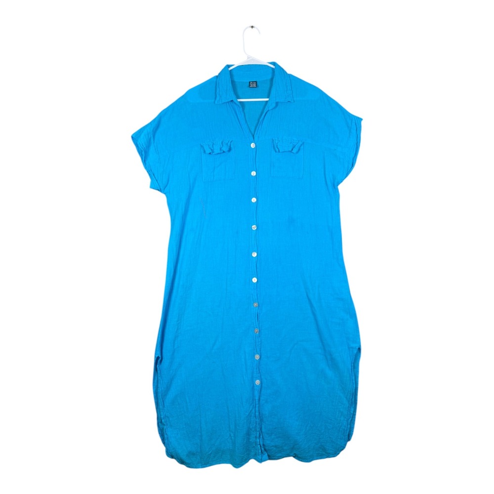 Zury Turquoise Cotton Gauze Maxi Shirt Dress Short Sleeve Button Front‎ One Size